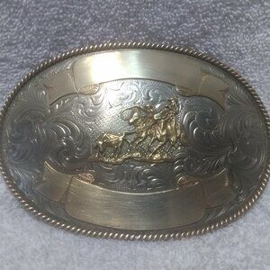Montana Silversmiths Huge Buckle Team Roping Dual Gold Banners Nickel Great USA